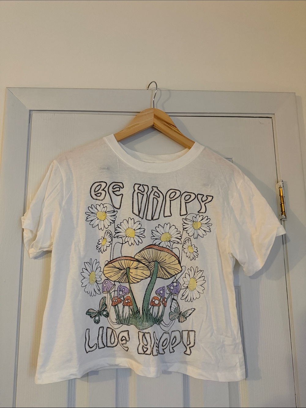Love Tribe White Graphic Crop Tee with Yellow Daisies & Multicolor Mushrooms